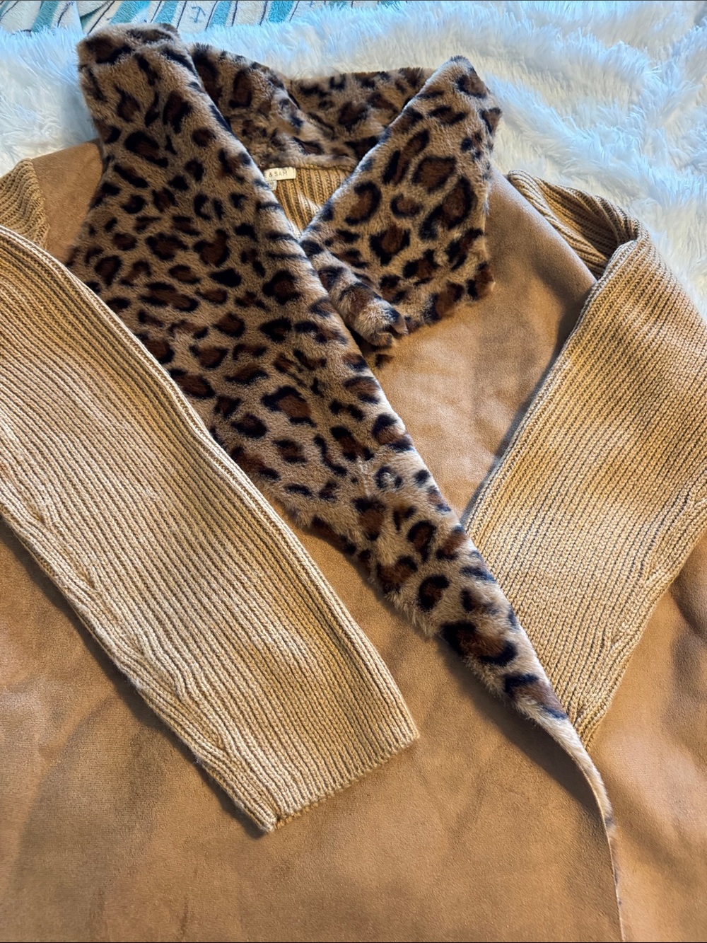 Faux-Suede Camel Cardigan with Leopard Faux-Fur Collar